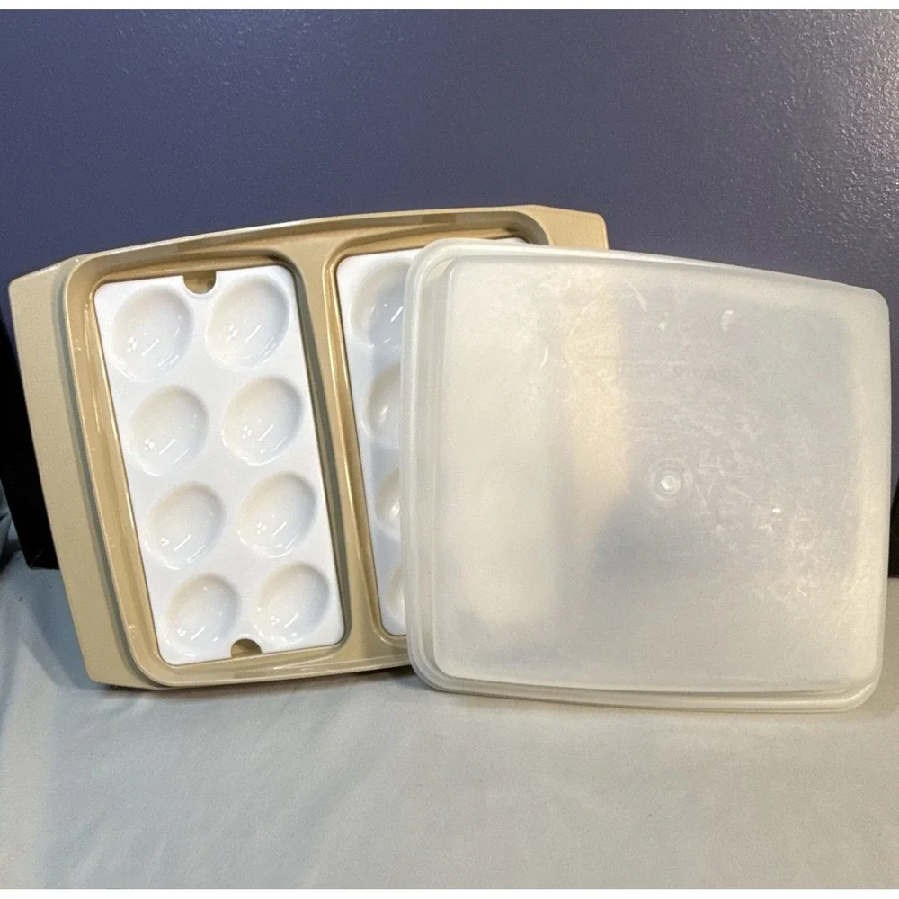Vintage Tupperware Deviled Egg Keeper Carrier 723 Almond COMPLETE 4pc Set